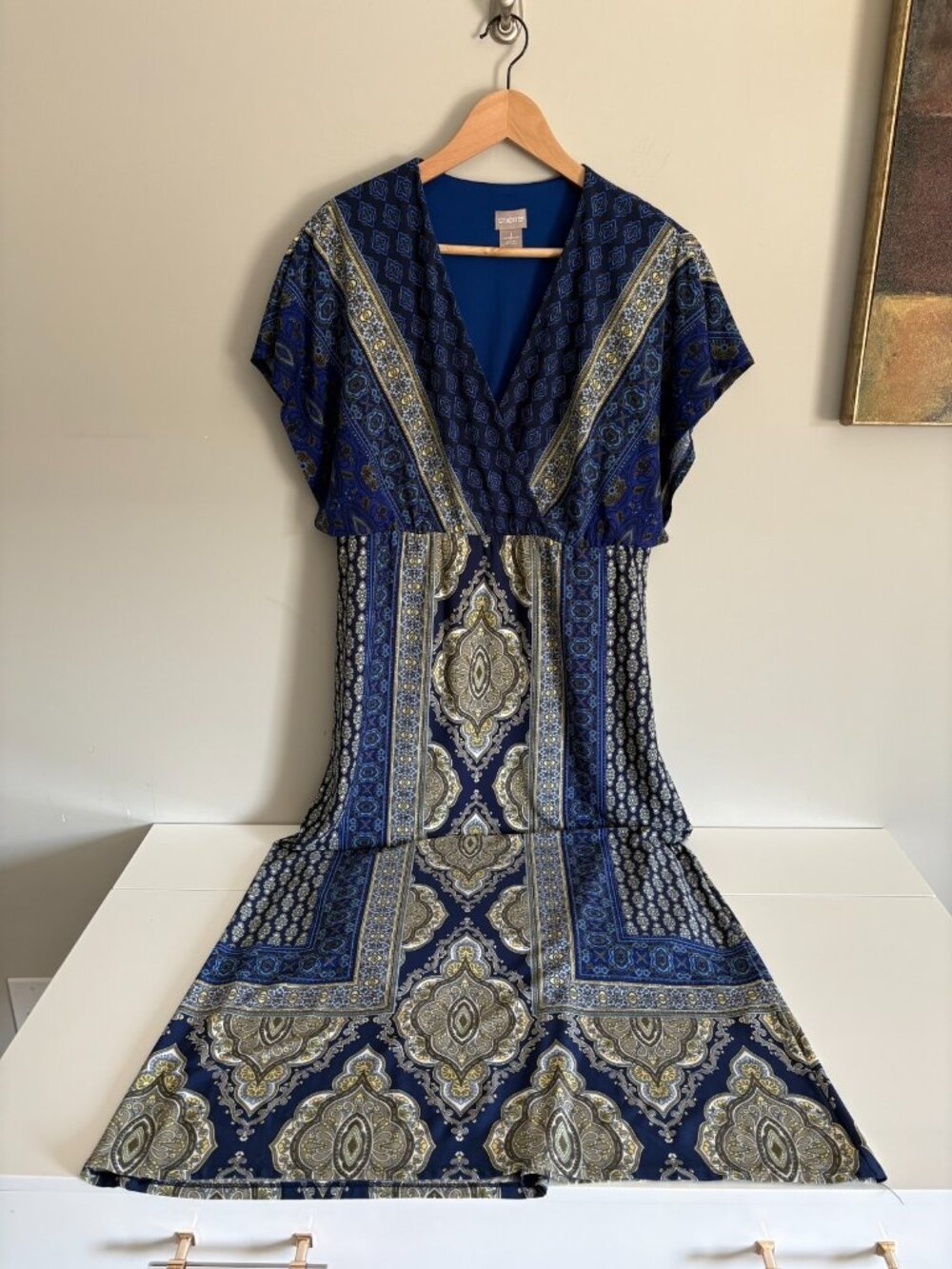 Chico's Size 1 (US 8) Blue Paisley Maxi Dress Boho V-Neck Empire Waist Lined